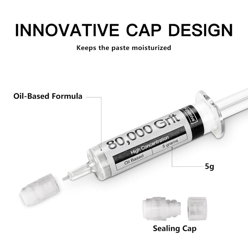 Finisolva Diamond Polishing Compound Kit of 6 Polishing Lapping Paste 80,000 to 450 Grit for Glass Watch Marble Metal Resin Rock Jewelry Etc. with High Concentration of Diamond Powder Scratch Remover Repair - Image 4